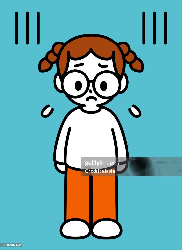 A cute girl with brown braided ponytail hair and eyeglasses, standing, feeling sad, worried, nervous, pressured, distressed, or uneasy—black outline with flat colors