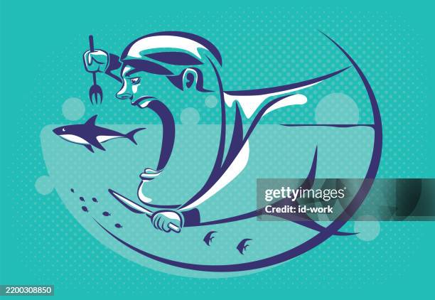 man holding fork and chasing shark - fresh caught fish stock illustrations