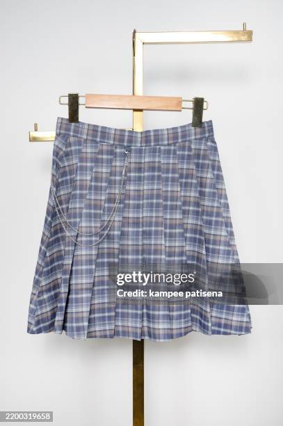 a plaid skirt with a chain hanging from it - pleated pants stock pictures, royalty-free photos & images