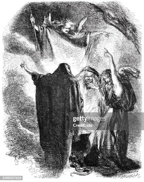 illustrations, cliparts, dessins animés et icônes de pièce de william shakespeare, macbeth regardant les trois sorcières dans la sorcellerie - mythologie