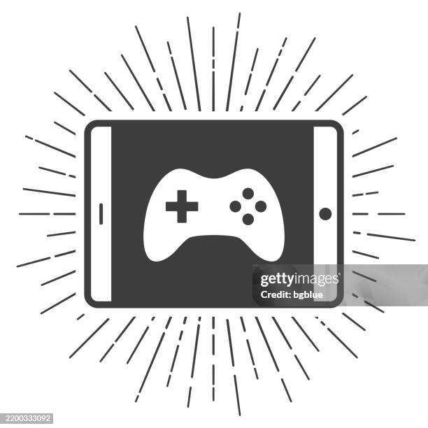 video game on tablet pc. icon with sunbursts on white background - gameboy color stock illustrations
