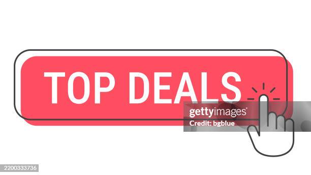 top deals - click button with hand cursor on white background - hand pushing top stock illustrations