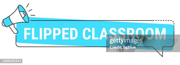 flipped classroom - speech bubble and megaphone on white background - collar tag stock illustrations