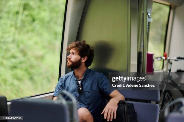 travel, man and relax in train with window view for tourism, carriage adventure and holiday trip. tourist, passenger and journey for vacation commute, sightseeing nature or railway route in transport - carruagem imagens e fotografias de stock