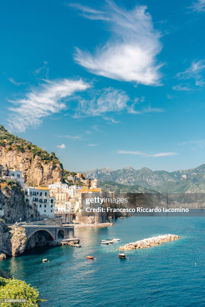 Atrani, Amalfi Coast, Italy. Boats, and clear blue sea. Copy Space