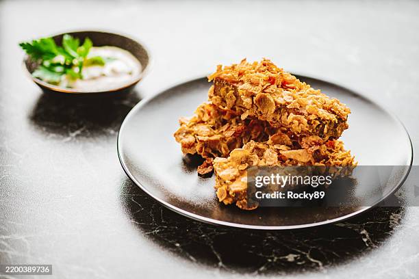 fried tofu sticks with corn flakes coating and vegan mayonnaise - breaded stock pictures, royalty-free photos & images