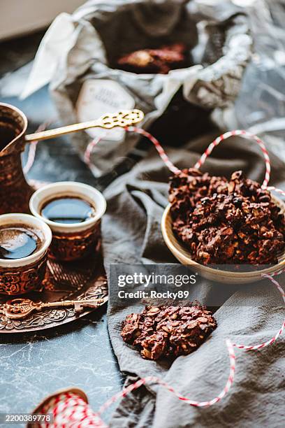 chocolate chip cookies with turkish coffee - turkish food stock pictures, royalty-free photos & images