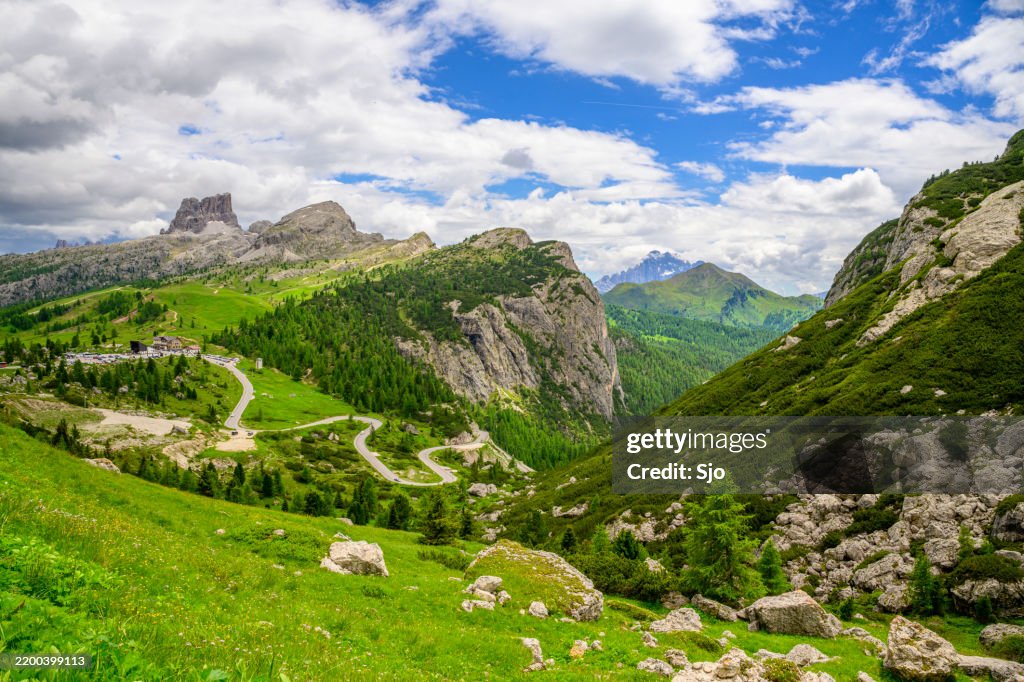 Averau and Croda Negra and mountain road in the Dolomites