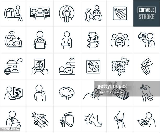 ilustrações de stock, clip art, desenhos animados e ícones de radiology thin line icons - editable stroke - icons include radiologists, patients, mri, ct scan, x-ray, medical imaging, health care, medical professional, broken bone, fractured skull, broken hip, ultrasound, diagnosis, radiologists reviewing x-rays and - profissional da área médica