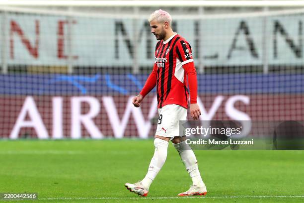 Theo Hernandez of AC Milan leaves the pitch after receiving a red card for diving during the UEFA Champions League 2024/25 League Knockout Play-off...