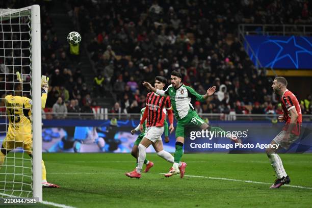 Julian Carranza of Feyenoord scores goal during the UEFA Champions League 2024/25 League Knockout Play-off second leg match between AC Milan and...