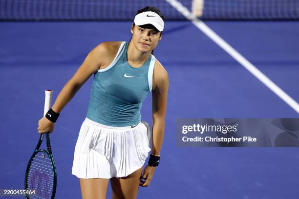 Emma Raducanu of Great Britain looks on while playing against Karolina Muchova of the Czech Republic in their second round match during day three of...