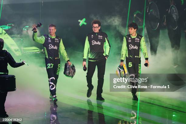 Nico Hulkenberg of Germany and Stake F1 Team Kick Sauber, Mattia Binotto, COO and CTO of Stake F1 Team Kick Sauber and Gabriel Bortoleto of Brazil...