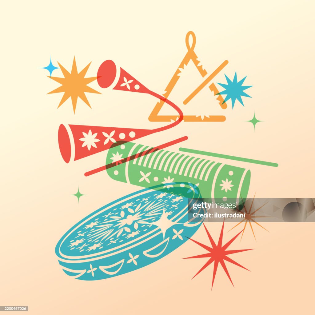 Beautiful ornate percussion instruments in multi colored overlay style