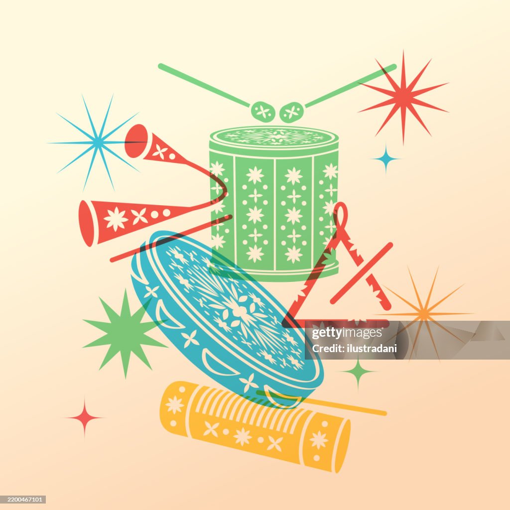 Ornate percussion instruments in multi colored overlay style