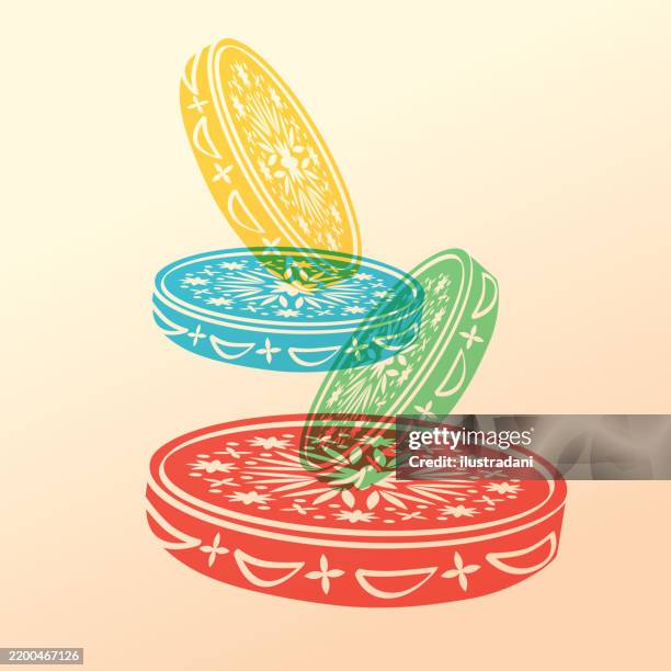 ilustraciones, imágenes clip art, dibujos animados e iconos de stock de instrumento de percusión de pandereta ornamentado en estilo superpuesto multicolor - samba