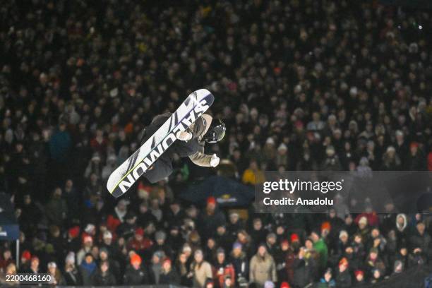 Lucas Foster of the United States competes in the men's FIS World Cup snowboard halfpipe final at at WinSport Canada Olympic Park, in Calgary,...