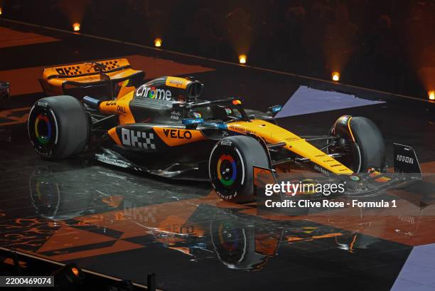 The McLaren is presented during F1 75 Live at The O2 Arena on February 18, 2025 in London, England.