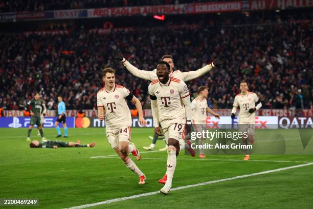 Alphonso Davies of Bayern Munich celebrates scoring his team's first goal during the UEFA Champions League 2024/25 League Knockout Play-off second...