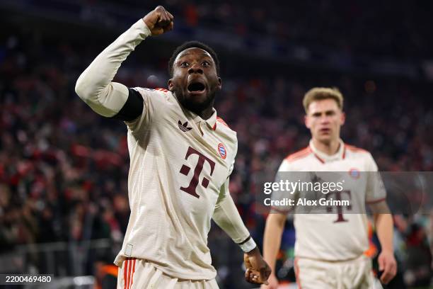 Alphonso Davies of Bayern Munich celebrates scoring his team's first goal during the UEFA Champions League 2024/25 League Knockout Play-off second...