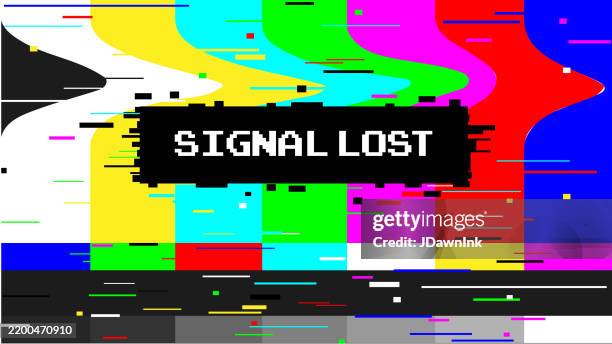 old fashioned tv test screen pattern for television calibration reads signal lost with glitches and warped color bars - test pattern stock illustrations