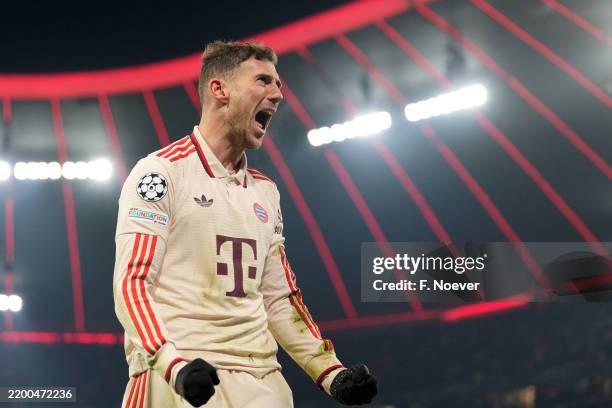 Leon Goretzka of Bayern Munich celebrates after Alphonso Davies of Bayern Munich scores his team's first goal during the UEFA Champions League...