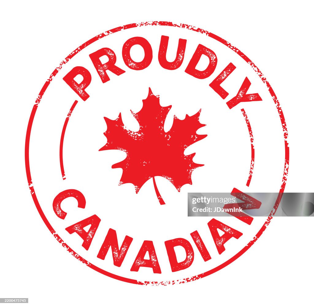 Proudly Canadian round label design with red maple leaf with texture on white background