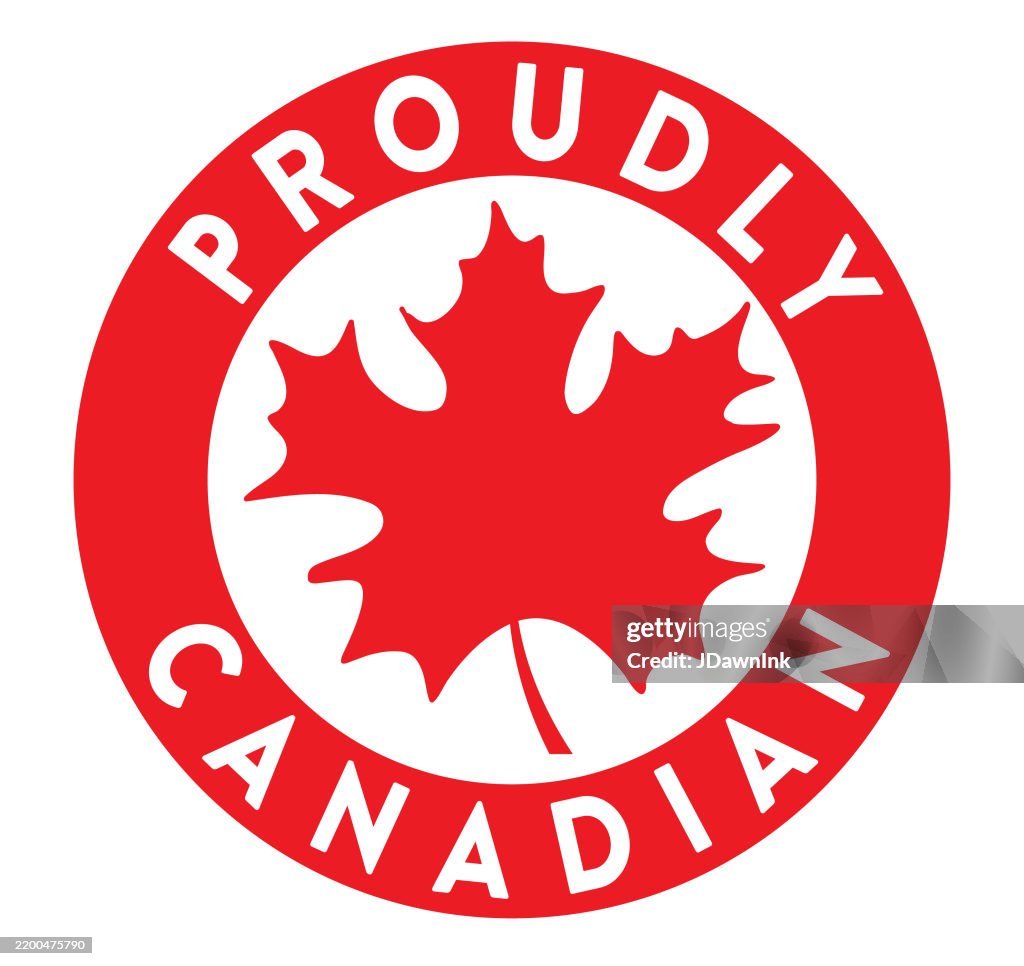 Proudly Canadian round label design with red maple leaf on white background