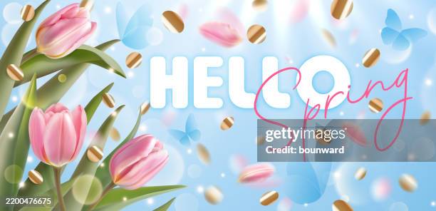 realistic spring floral background with tulips, butterflies, and golden confetti. vector - leaf pile stock illustrations