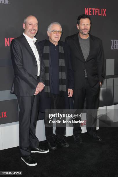 Noah Oppenheim, Robert De Niro and Eric Newman attend Netflix's "Zero Day" world premiere at The Plaza Hotel on February 18, 2025 in New York City.