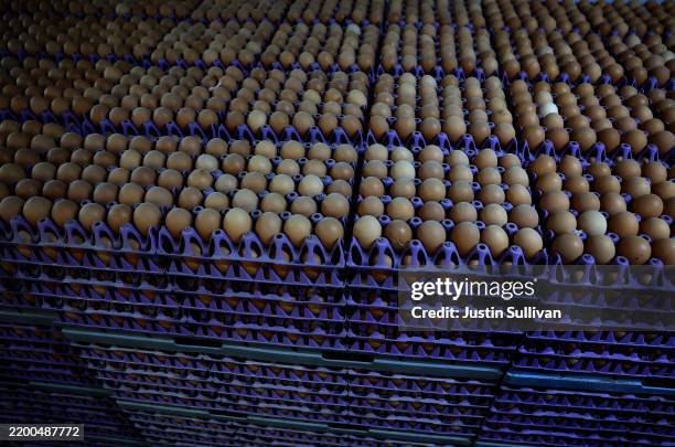 Organic eggs sit stacked on a loading dock at Sunrise Farms on February 18, 2025 in Petaluma, California. As egg prices continue to skyrocket due to...