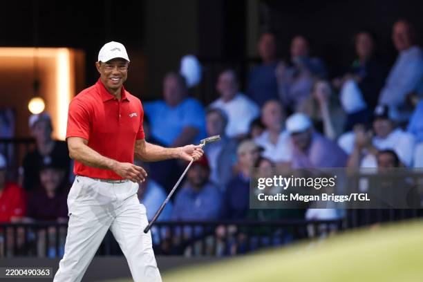 Tiger Woods of Jupiter Links Golf Club reacts on the 11th hole during their TGL presented by SoFi match against New York Golf Club at SoFi Center on...