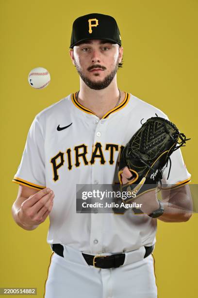 Paul Skenes of the Pittsburgh Pirates poses for a photo during the 2025 Pittsburgh Pirates Photo day at Pirate City on February 18, 2025 in...