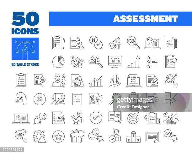ilustraciones, imágenes clip art, dibujos animados e iconos de stock de conjunto de iconos de línea de evaluación simple. auditoría, planificación, análisis, evaluación, resultados. - auditoría