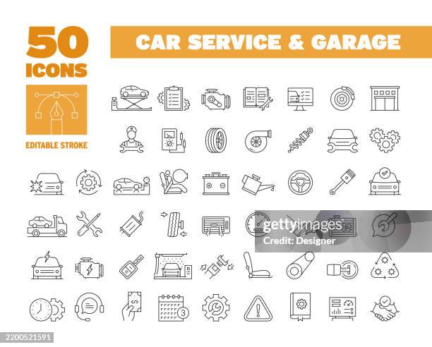 stockillustraties, clipart, cartoons en iconen met simple car service line icon set. automobile, car, garage, service, vehicle, automotive, maintenance, repair shop - auto
