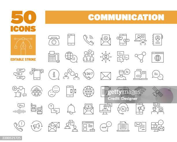 ilustraciones, imágenes clip art, dibujos animados e iconos de stock de conjunto de iconos de línea de comunicación simple. teléfono, internet, redes sociales, chat, mensaje, e-mail - oficio de comunicaciones