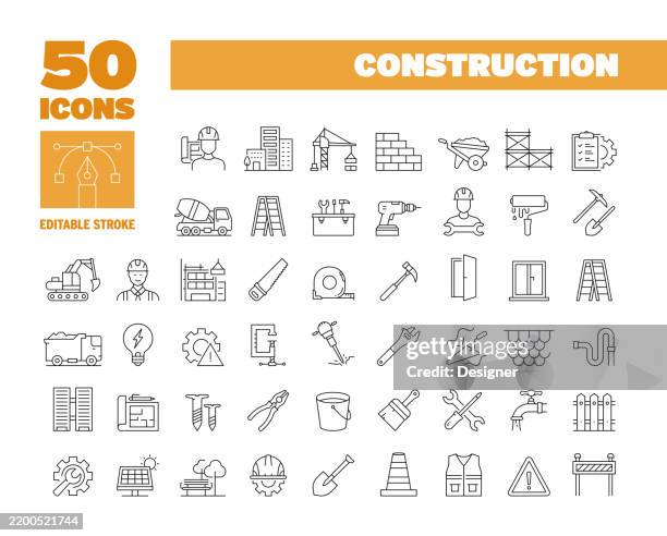 einfache konstruktion linie icon set. architektur, gebäude, bauunternehmer, entwicklung - baustelle stock-grafiken, -clipart, -cartoons und -symbole