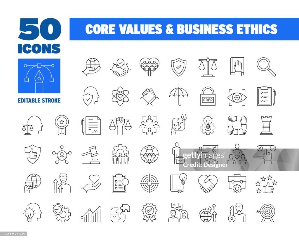 Semplici valori fondamentali e set di icone della linea di etica aziendale. Visione, Missione, Integrità, Fiducia, Affari aziendali, Onestà