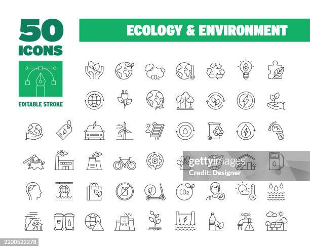 illustrations, cliparts, dessins animés et icônes de ensemble d’icônes de ligne simple pour l’écologie et l’environnement. nature, terre, énergie, conservation, responsabilité, écologique, réchauffement climatique - protection-de-lenvironnement