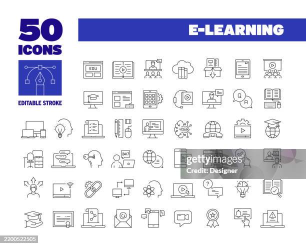 simple e-learning line icon set. education, technology, learn, student, internet - elearning icons vector stock illustrations