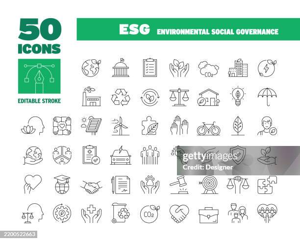 ilustraciones, imágenes clip art, dibujos animados e iconos de stock de conjunto simple de iconos de línea esg. ecología, medio ambiente, social, gobernanza - criterios ambientales sociales y de gobernabilidad