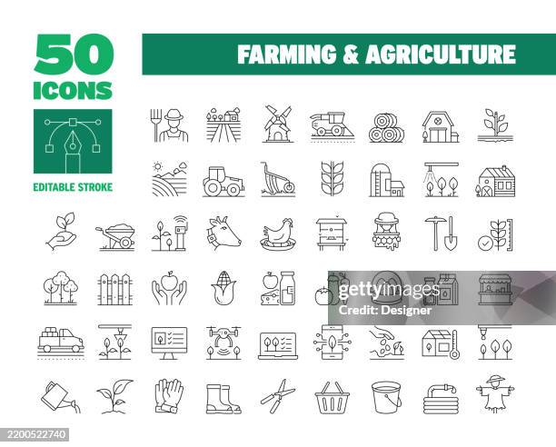 ilustraciones, imágenes clip art, dibujos animados e iconos de stock de conjunto de iconos de línea de agricultura y agricultura simple. granja, campo, naturaleza, granjero, agrícola, cosecha, planta, crecimiento - maíz alimento