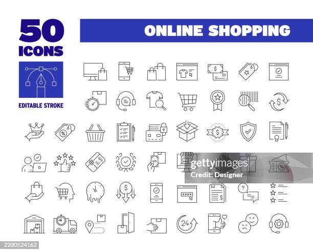 simple online shopping line icon set. internet, product, e-commerce, purchase, customer, delivery - loyalty program stock illustrations