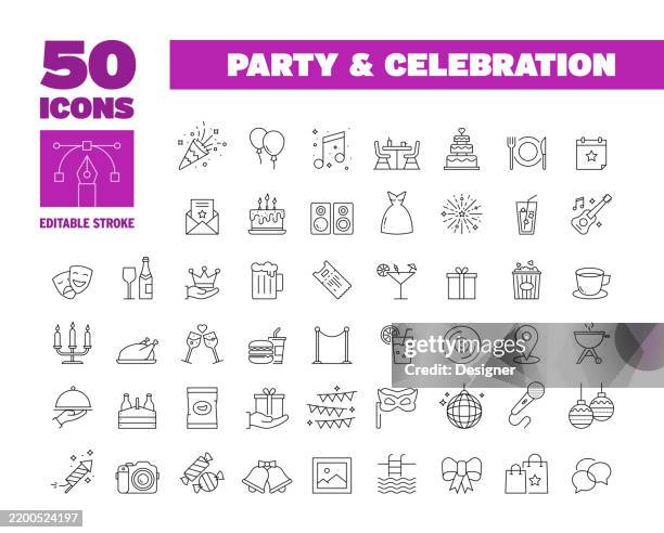 ilustrações, clipart, desenhos animados e ícones de conjunto de ícones de linha de festa e celebração simples. evento, diversão, aniversário, aniversário, convite. ícones de 50 linhas de traço editáveis. - comemoração evento