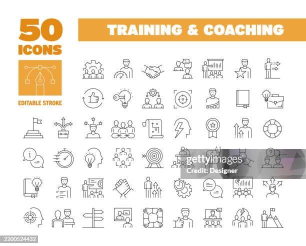 stockillustraties, clipart, cartoons en iconen met simple training and coaching line icon set. mentoring, learning, teaching, meeting, leadership. editable stroke 50 line icons. - college
