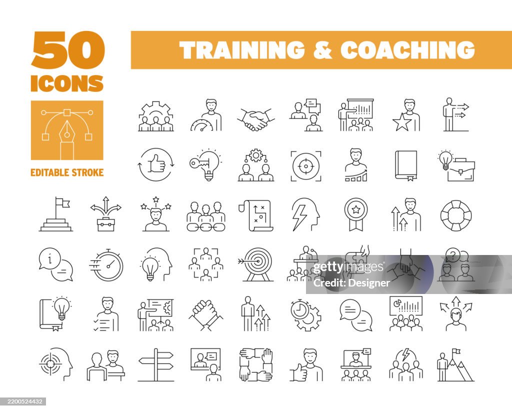 Simple Training and Coaching Line Icon Set. Mentoring, Learning, Teaching, Meeting, Leadership. Editable Stroke 50 Line Icons.
