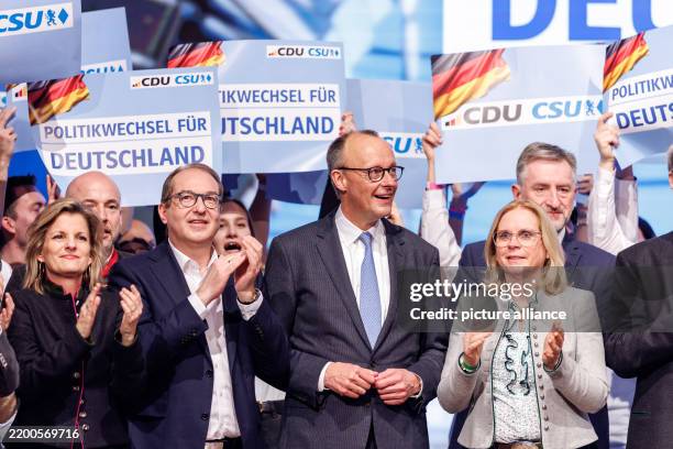 February 2025, Bavaria, Munich: Daniela Ludwig , Alexander Dobrindt, head of the CSU parliamentary group, Friedrich Merz, federal chairman of the CDU...