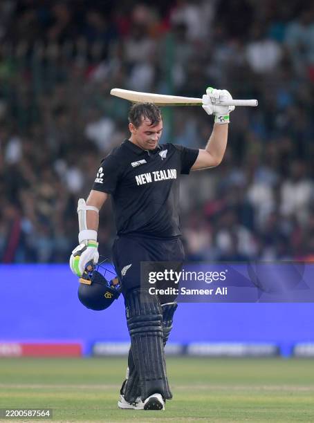 Tom Latham of New Zealand celebrates his century during the ICC Champions Trophy 2025 match between Pakistan and New Zealand at National Stadium on...