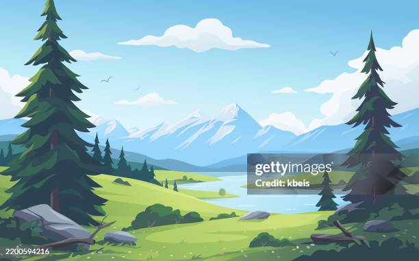 idyllic mountain landscape with lake - alpine stock illustrations