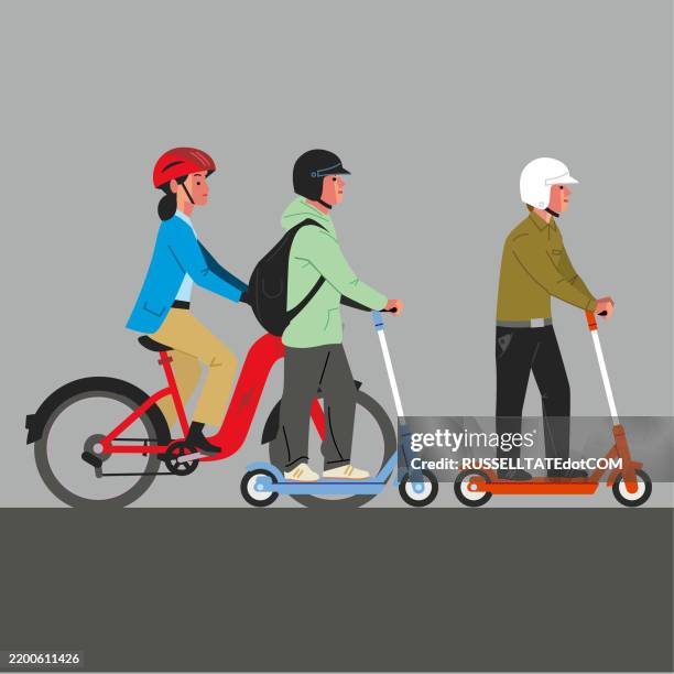 stockillustraties, clipart, cartoons en iconen met girl on e-bike passing 2 boys on scooters and e-scooters, all wearing helmets - elektrische step